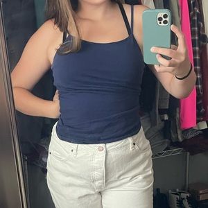 Blue and black tank tops with built in bras